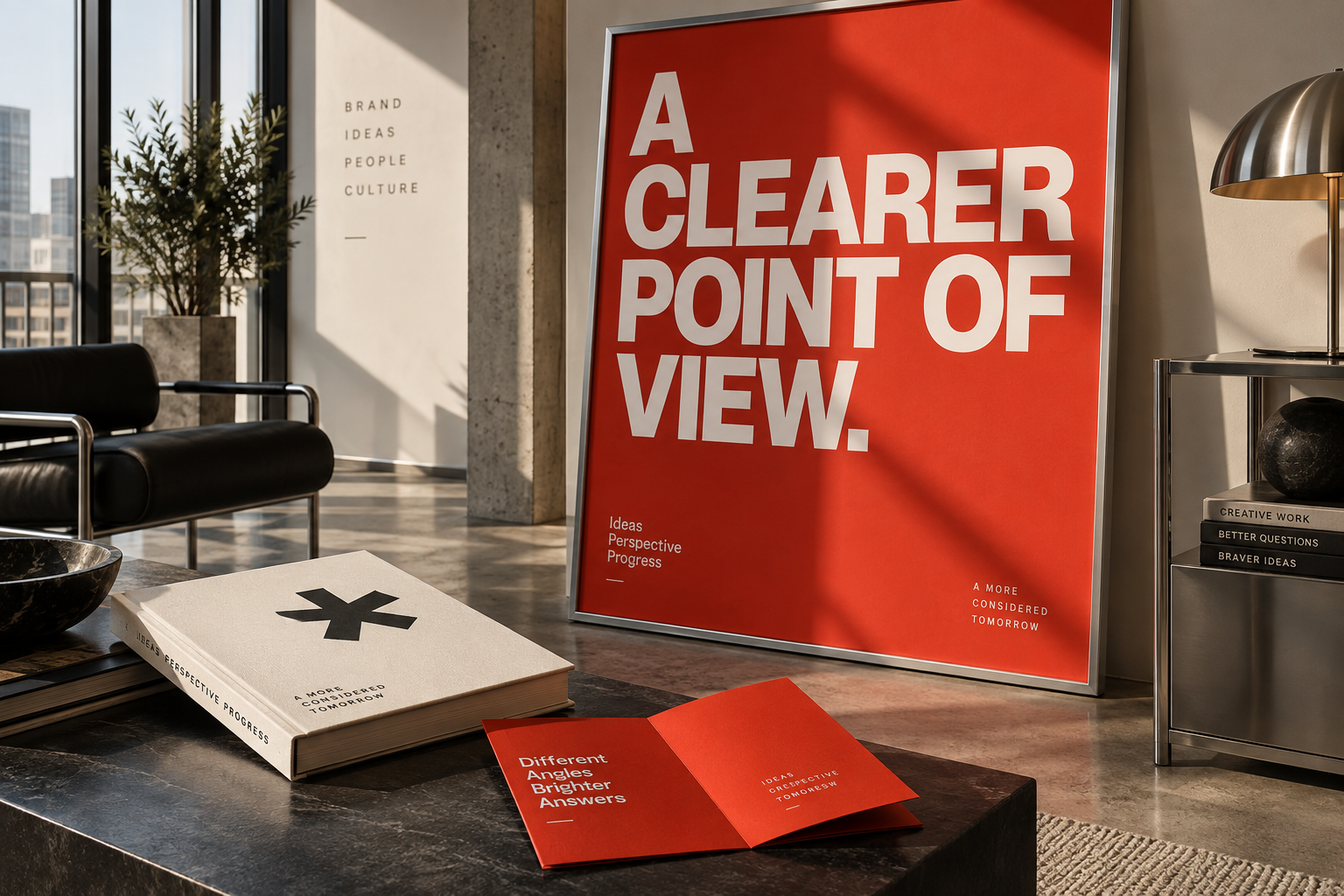 Illustrative brand concept: a statement poster and identity materials in a studio composition
